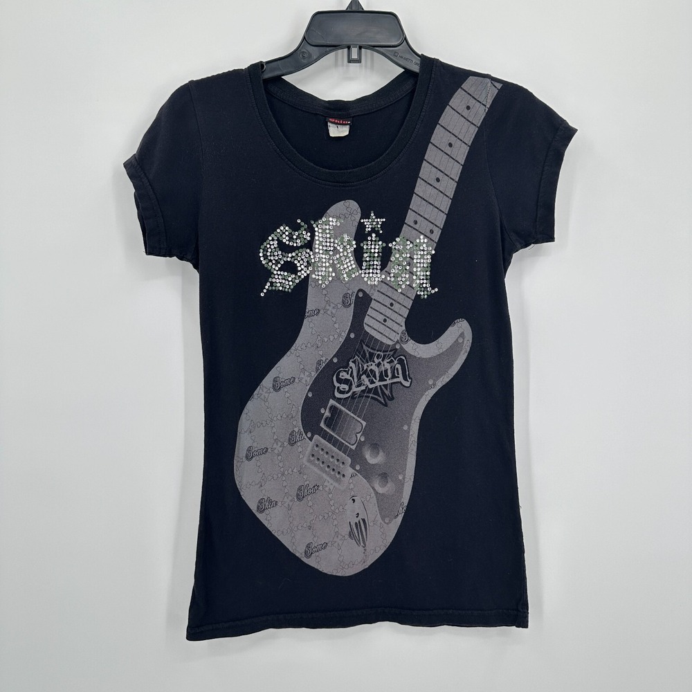Vintage Skin Ind. T-Shirt Womens L Black Guitar Rhinestone Rock Music USA Y2K